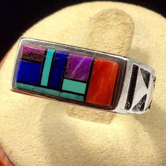 Sterling Silver Turquoise Multistone Inlay Ring Signed Vintage 14.5 Grams 8.25 - Picture 1 of 12
